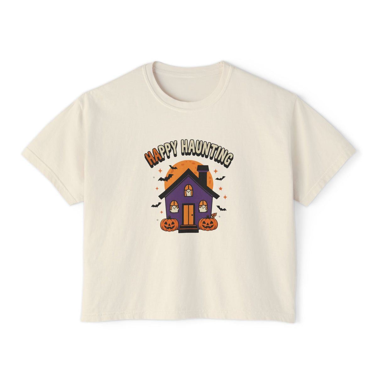 Ivory Happy Haunting Haunted House boxy crop tee, flat lay (Color: Ivory)