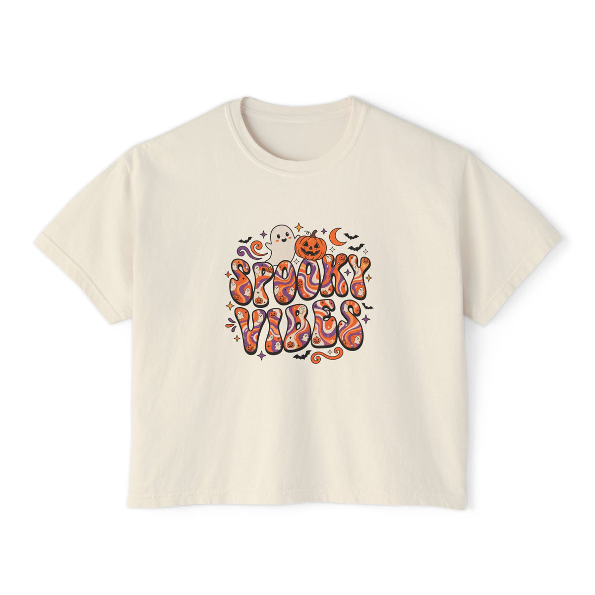 Ivory Spooky Vibes Retro boxy crop tee, flat lay (Color: Ivory)