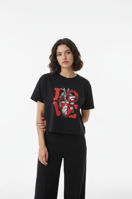 LOVE Red Typography Boxy Tee — minimal studio shot
