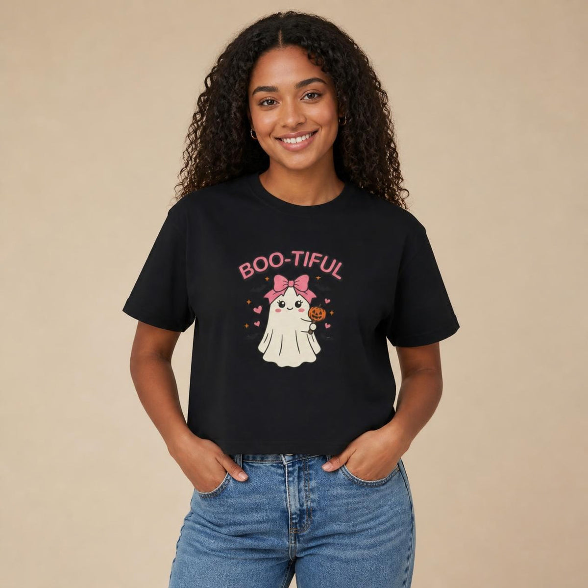 Model wearing the black Boo-tiful Ghost boxy crop tee, studio photo (Color: Black)
