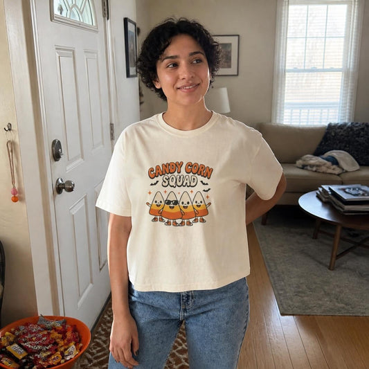 Woman wearing the ivory Candy Corn Squad boxy crop tee, lifestyle photo (Color: Ivory)