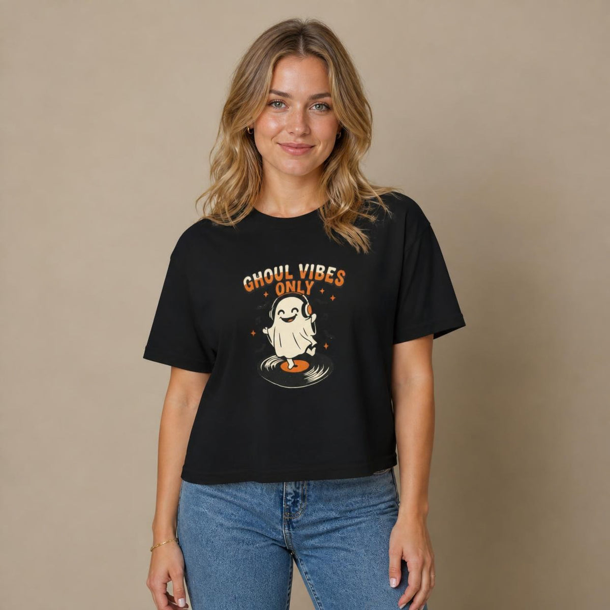 Model wearing the black Ghoul Vibes Only Ghost boxy crop tee, studio photo (Color: Black)