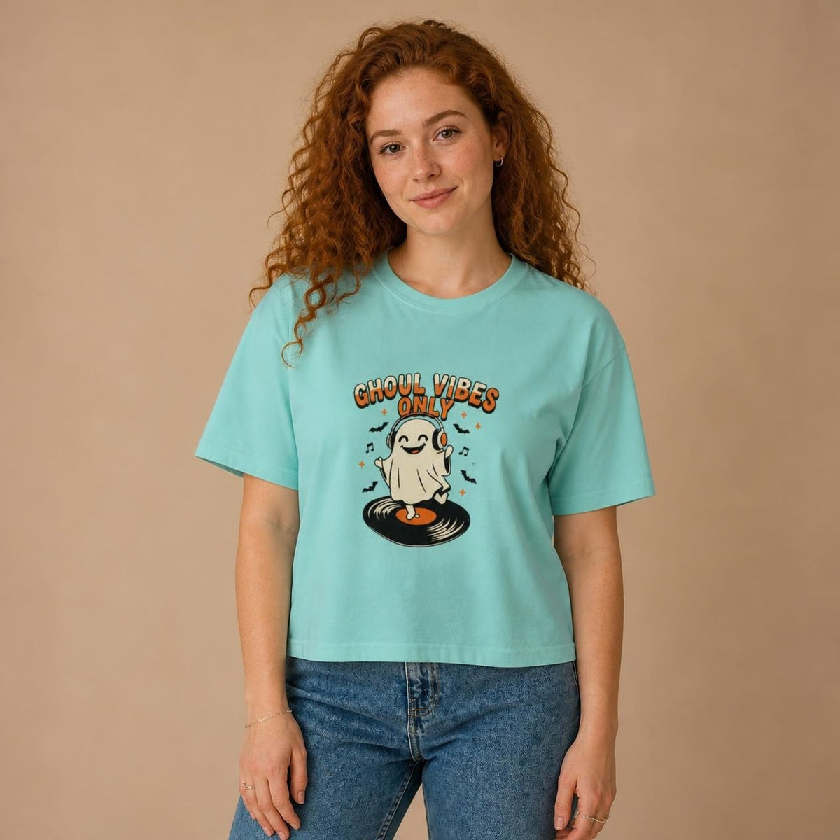 Model wearing the chalky mint Ghoul Vibes Only Ghost boxy crop tee, studio photo (Color: Chalky Mint)