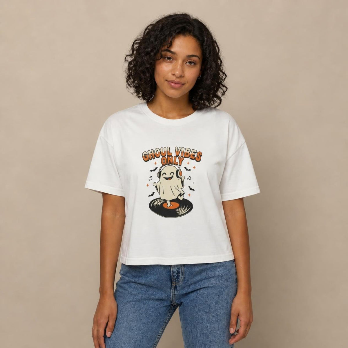 Model wearing the white Ghoul Vibes Only Ghost boxy crop tee, studio photo (Color: White)