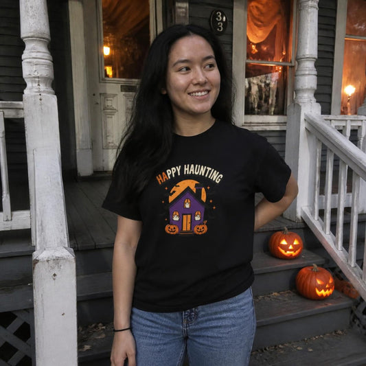 Woman wearing the black Happy Haunting Haunted House boxy crop tee, lifestyle photo (Color: Black)