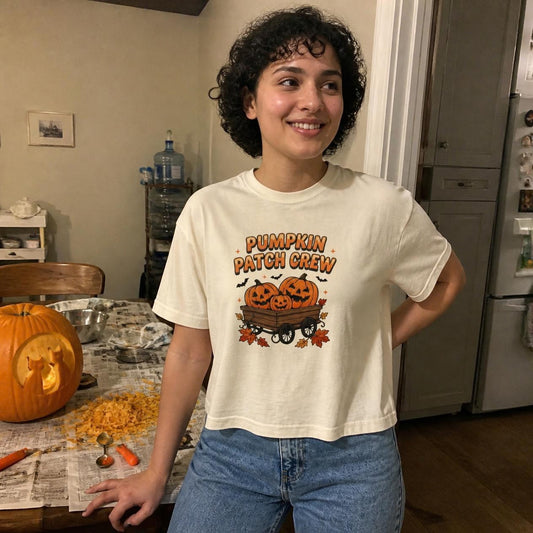 Woman wearing the ivory Pumpkin Patch Crew boxy crop tee, lifestyle photo (Color: Ivory)