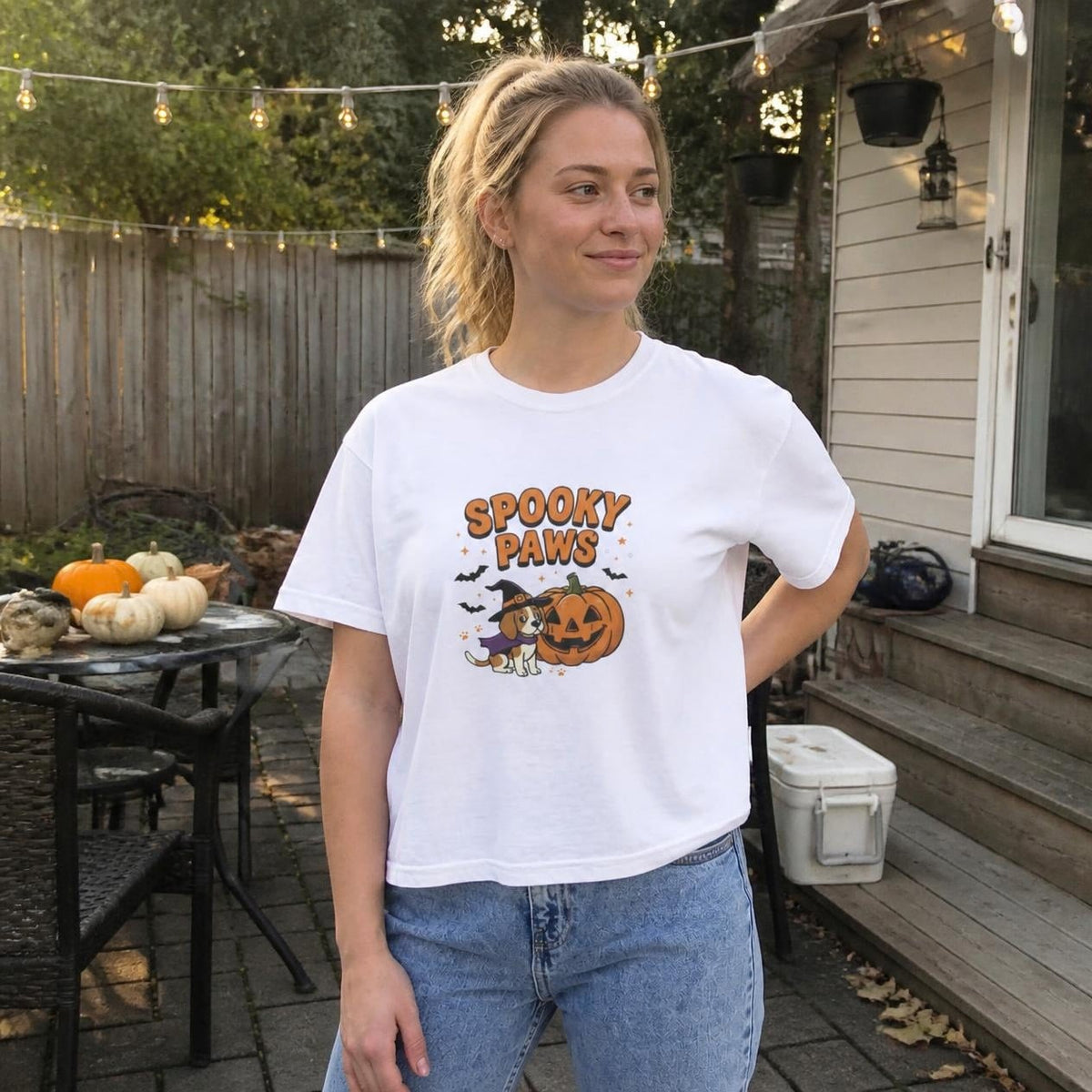Woman wearing the white Spooky Paws Dog boxy crop tee, lifestyle photo (Color: White)