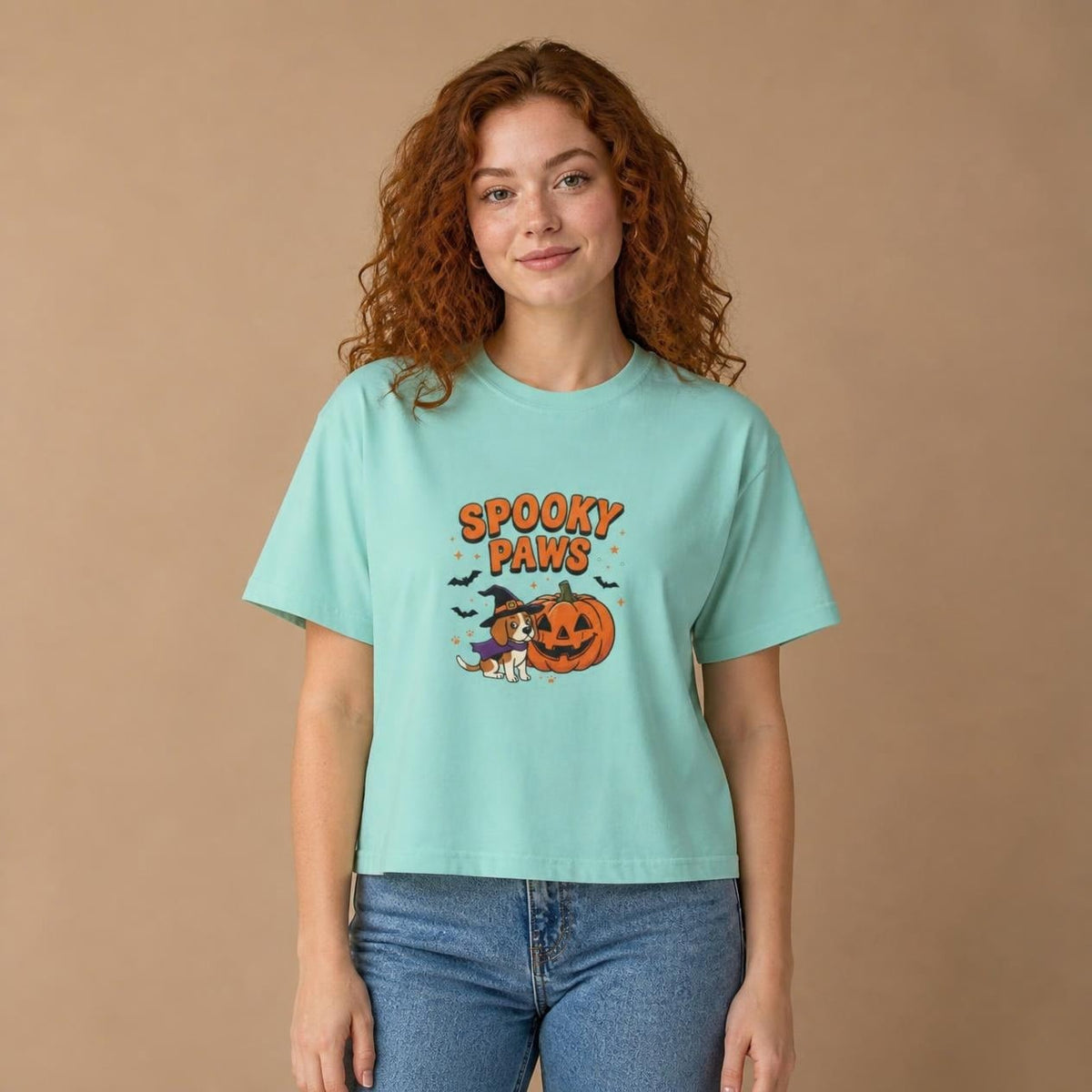 Model wearing the chalky mint Spooky Paws Dog boxy crop tee, studio photo (Color: Chalky Mint)
