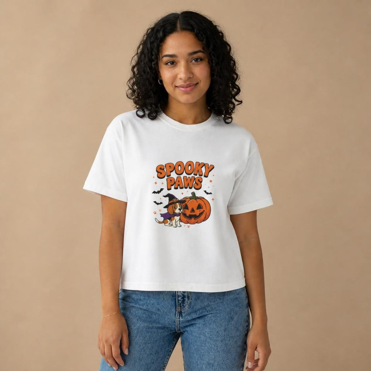 Model wearing the white Spooky Paws Dog boxy crop tee, studio photo (Color: White)