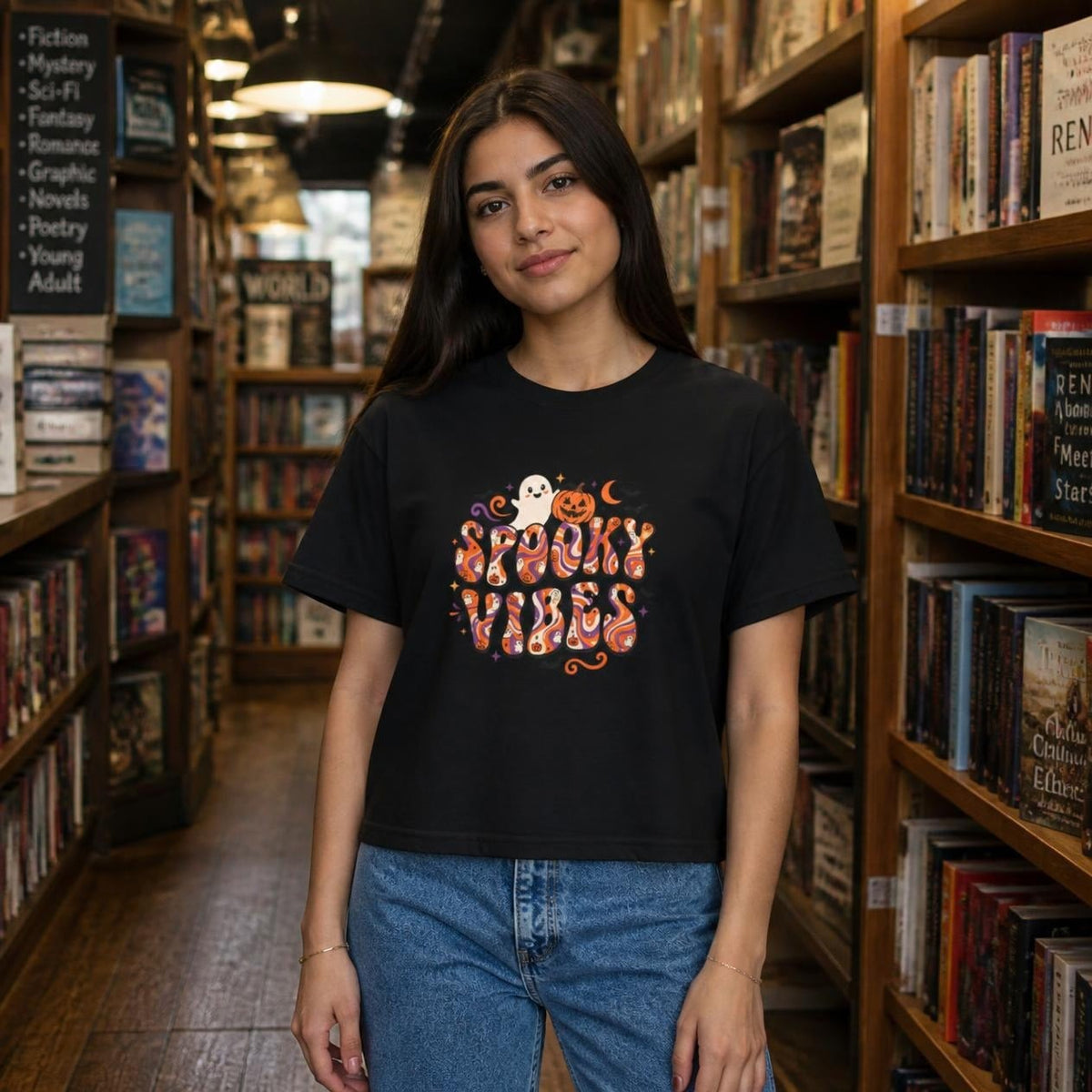 Woman wearing the black Spooky Vibes Retro boxy crop tee, lifestyle photo (Color: Black)