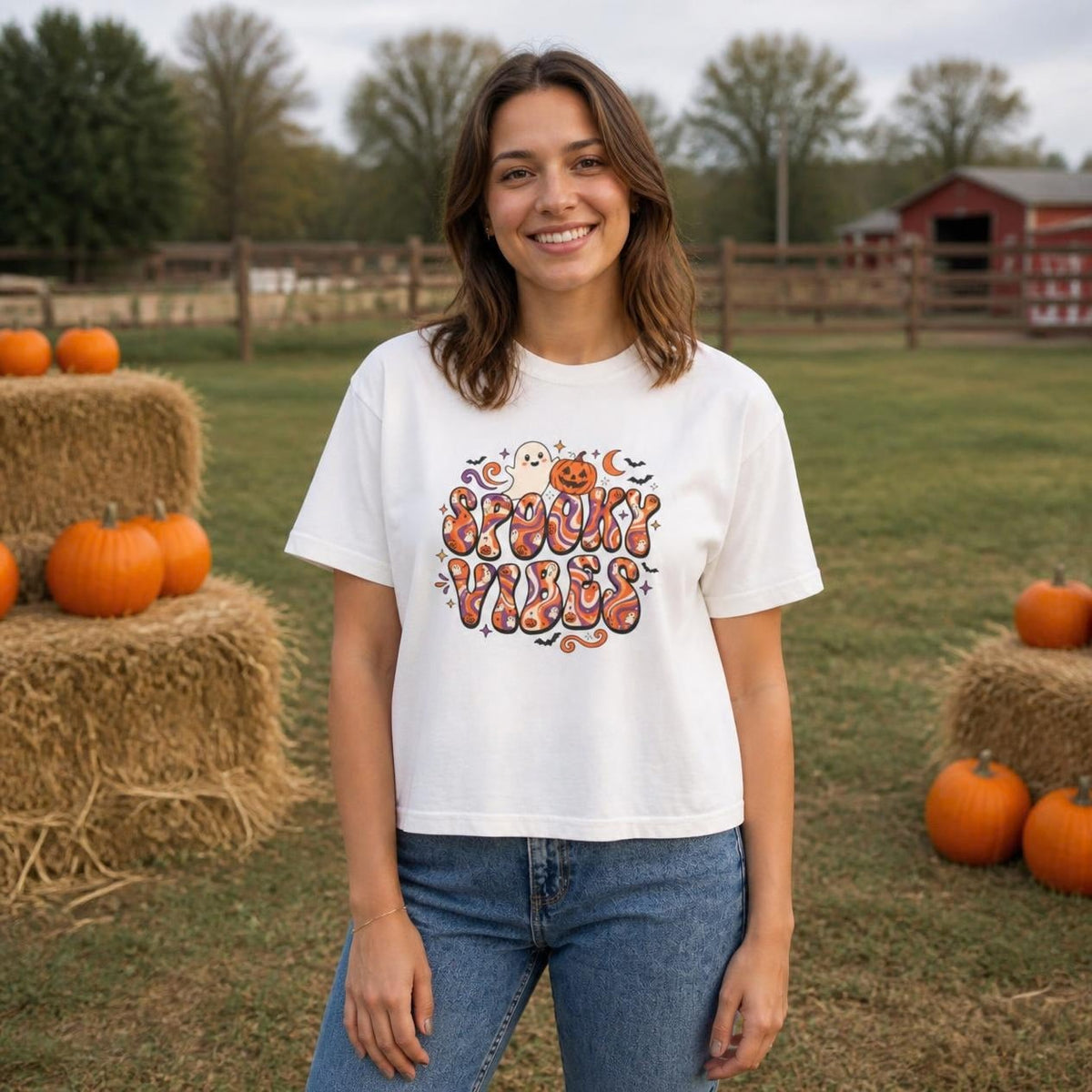 Woman wearing the white Spooky Vibes Retro boxy crop tee, lifestyle photo (Color: White)