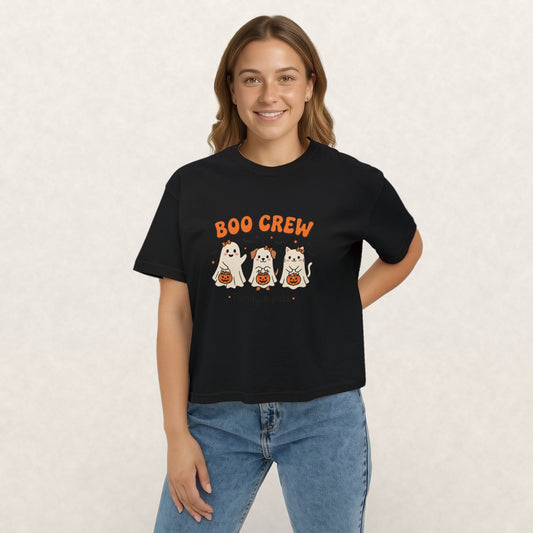 Boo Crew Halloween shirt with a ghost, puppy and kitty on a black boxy crop tee