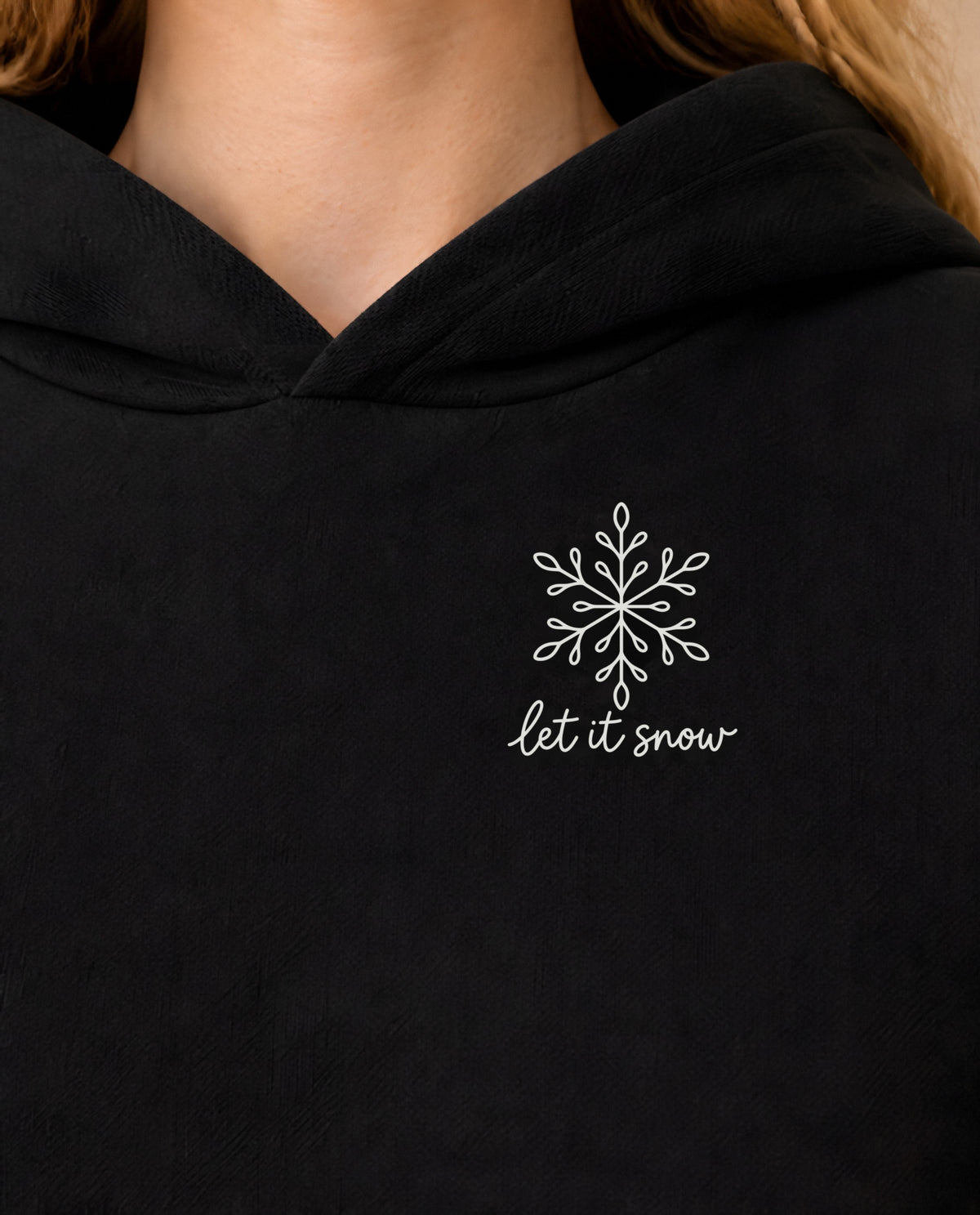 Let It Snow minimalist crop hoodie for women in Black, print close-up