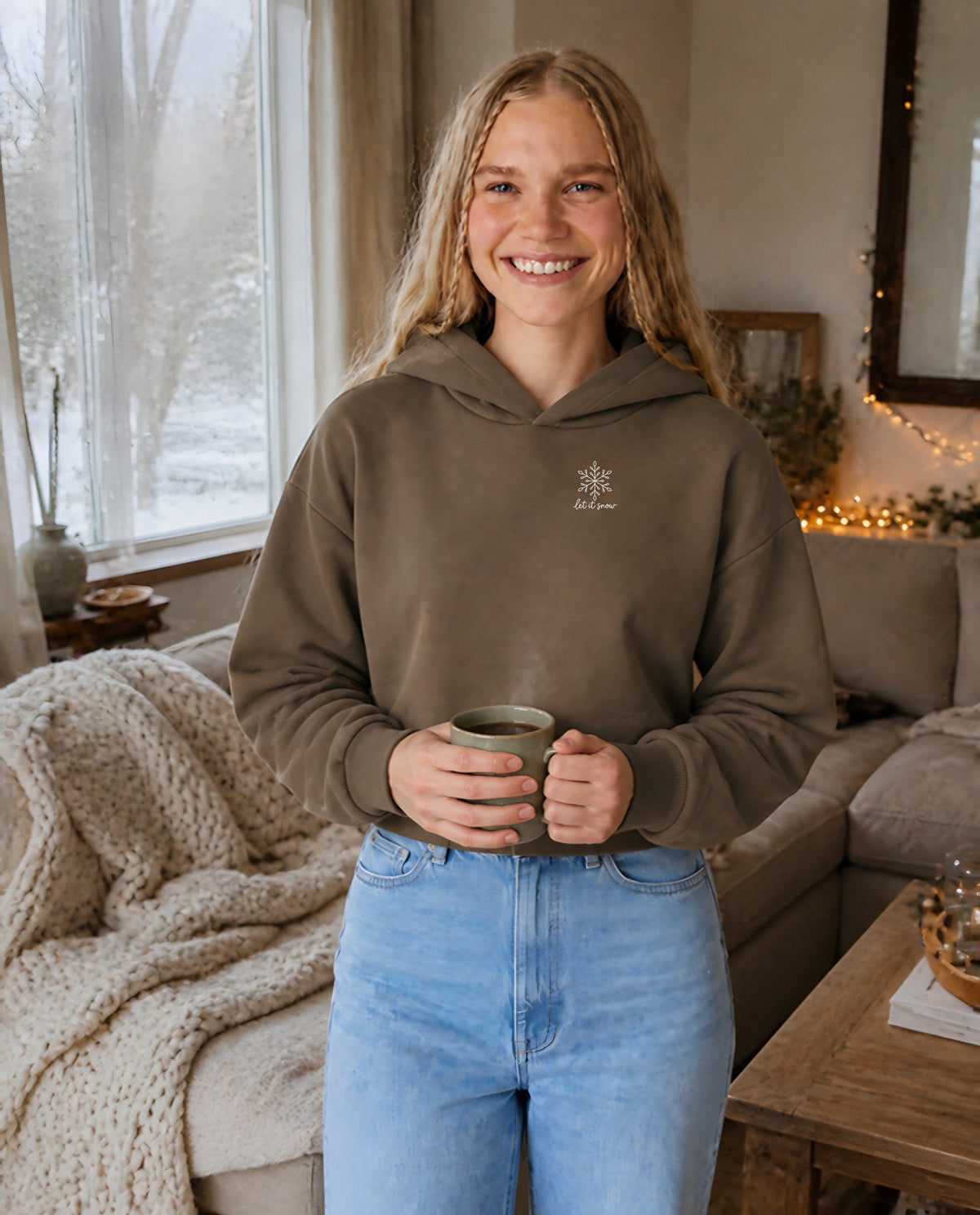 Let It Snow minimalist crop hoodie for women in Coffee, worn by model, lifestyle photo