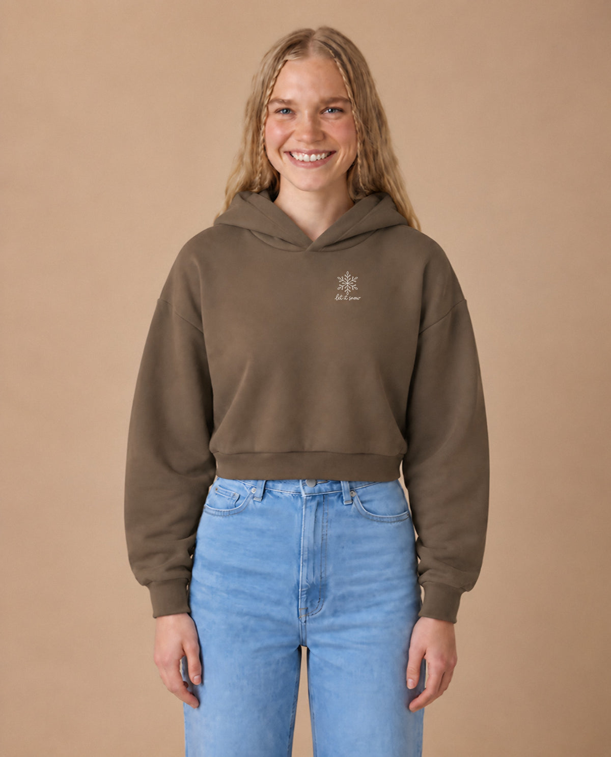 Let It Snow minimalist crop hoodie for women in Coffee, worn by model, studio photo