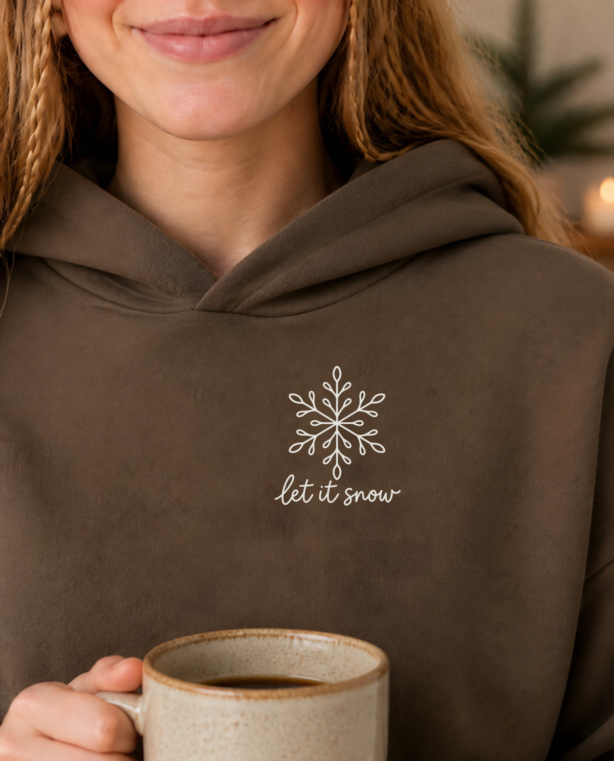 Let It Snow minimalist crop hoodie for women in Coffee, print close-up