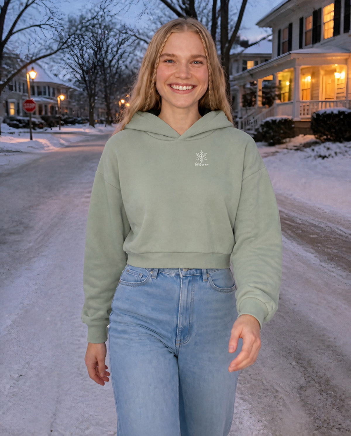 Let It Snow minimalist crop hoodie for women in Matcha, worn by model, lifestyle photo