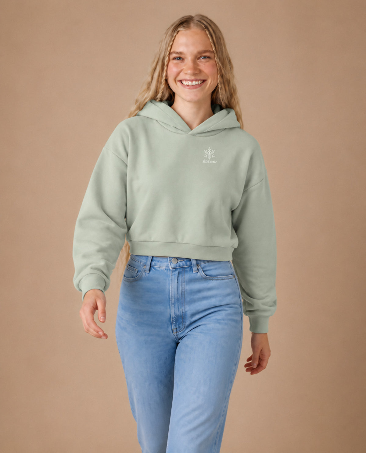 Let It Snow minimalist crop hoodie for women in Matcha, worn by model, studio photo
