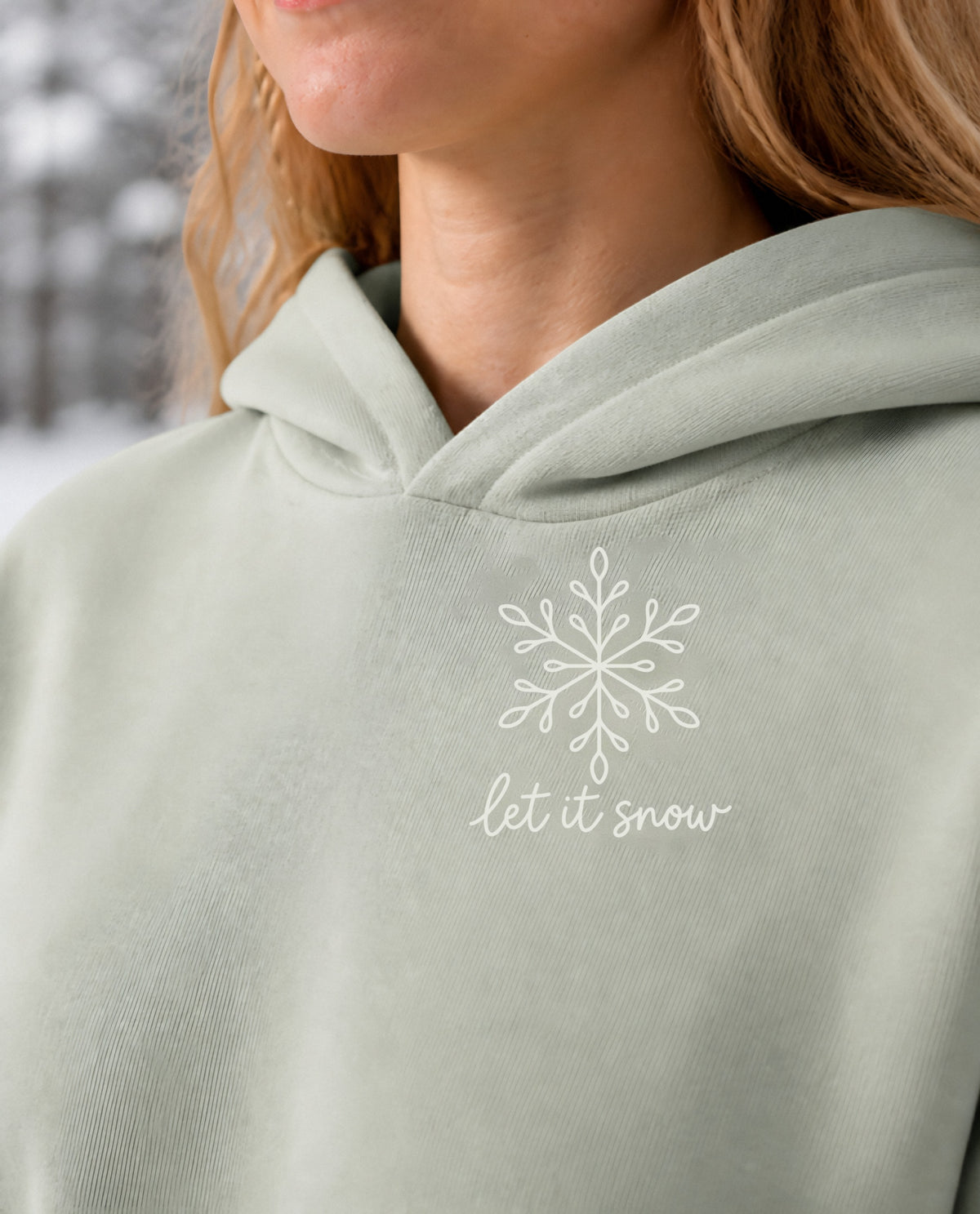 Let It Snow minimalist crop hoodie for women in Matcha, print close-up