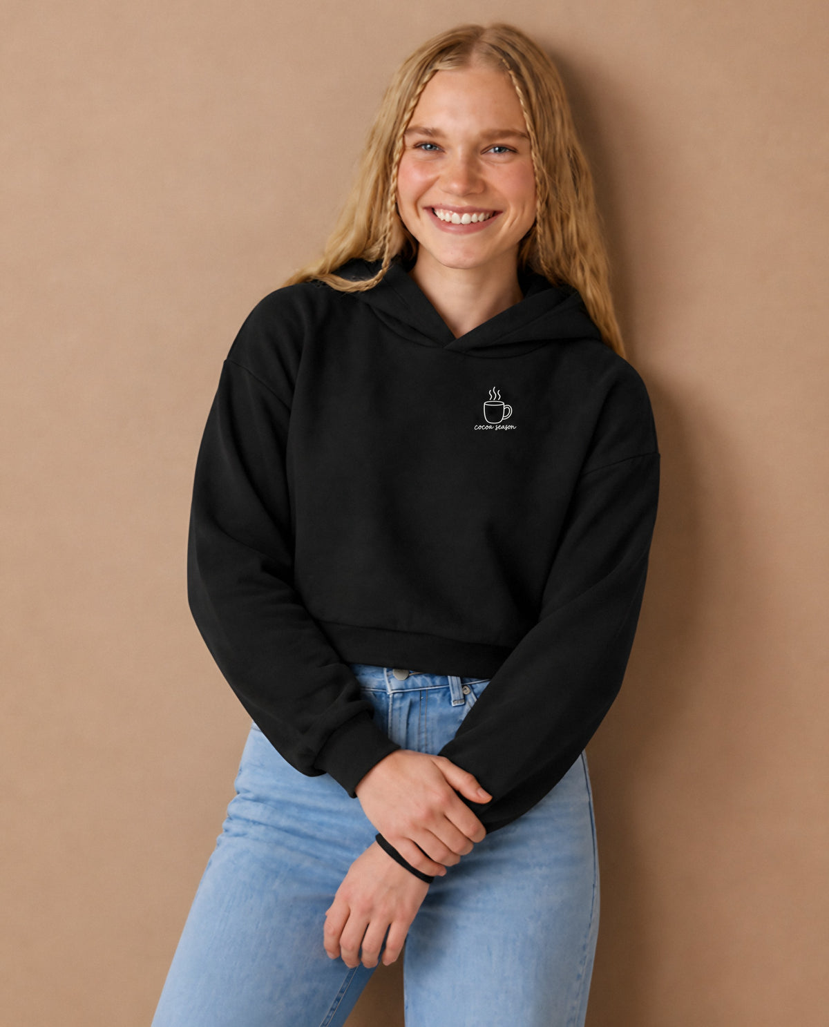 Cocoa Season minimalist crop hoodie for women in Black, worn by model, studio photo