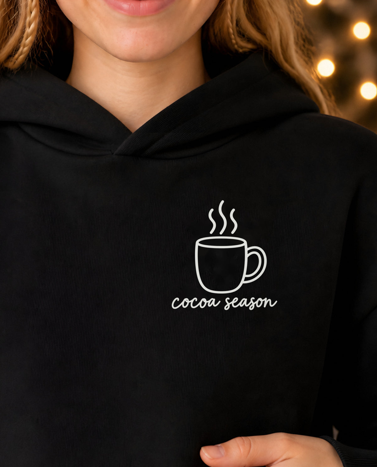 Cocoa Season minimalist crop hoodie for women in Black, print close-up