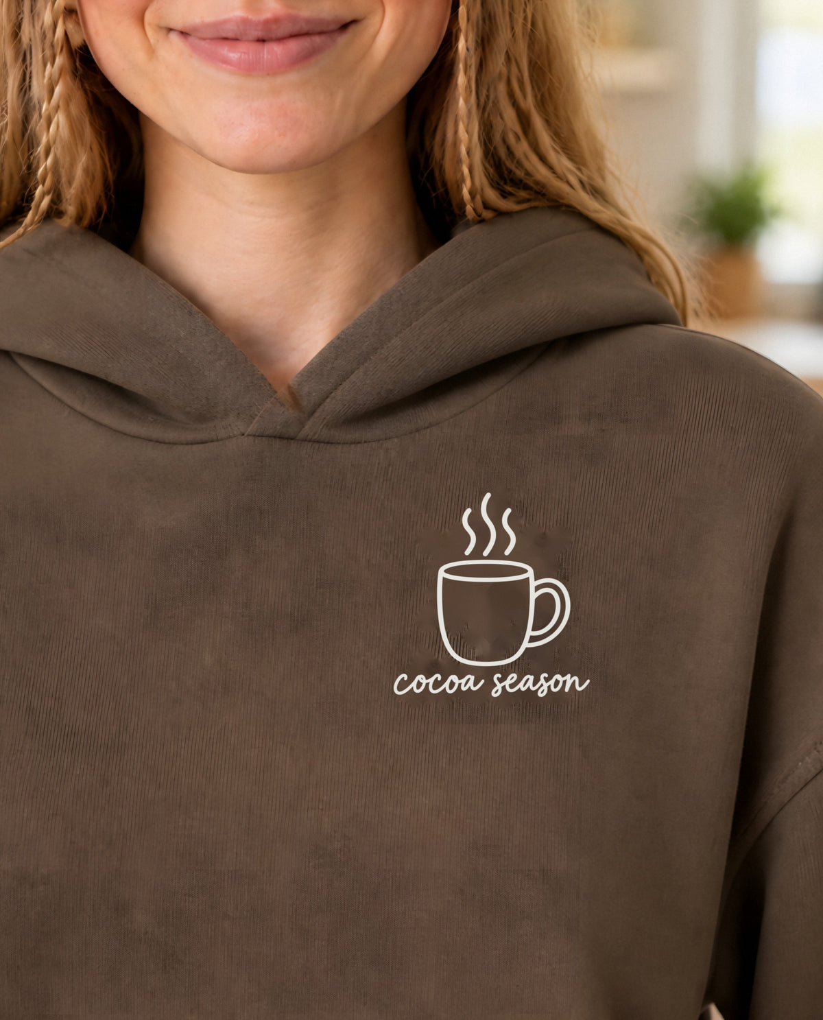 Cocoa Season minimalist crop hoodie for women in Coffee, print close-up