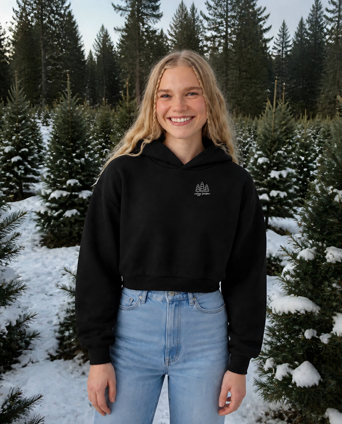 Cozy Season minimalist crop hoodie for women in Black, worn by model, lifestyle photo
