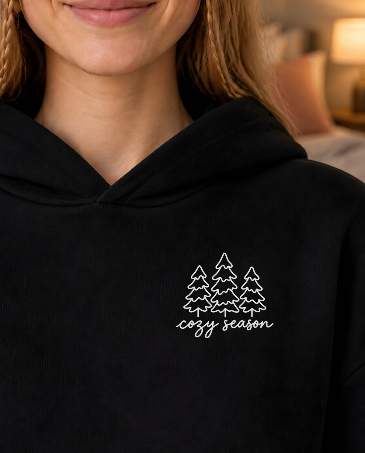 Cozy Season minimalist crop hoodie for women in Black, print close-up