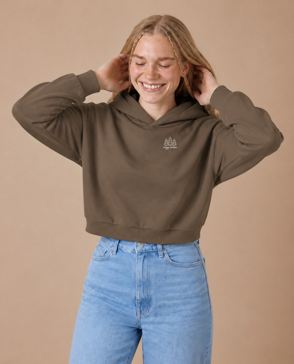 Cozy Season minimalist crop hoodie for women in Coffee, worn by model, studio photo
