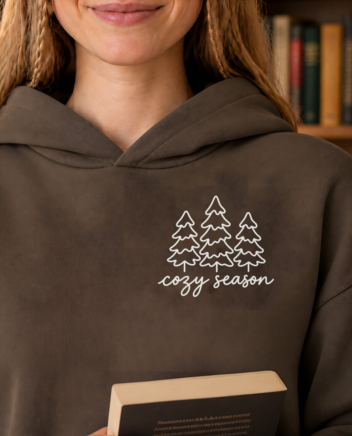 Cozy Season minimalist crop hoodie for women in Coffee, print close-up