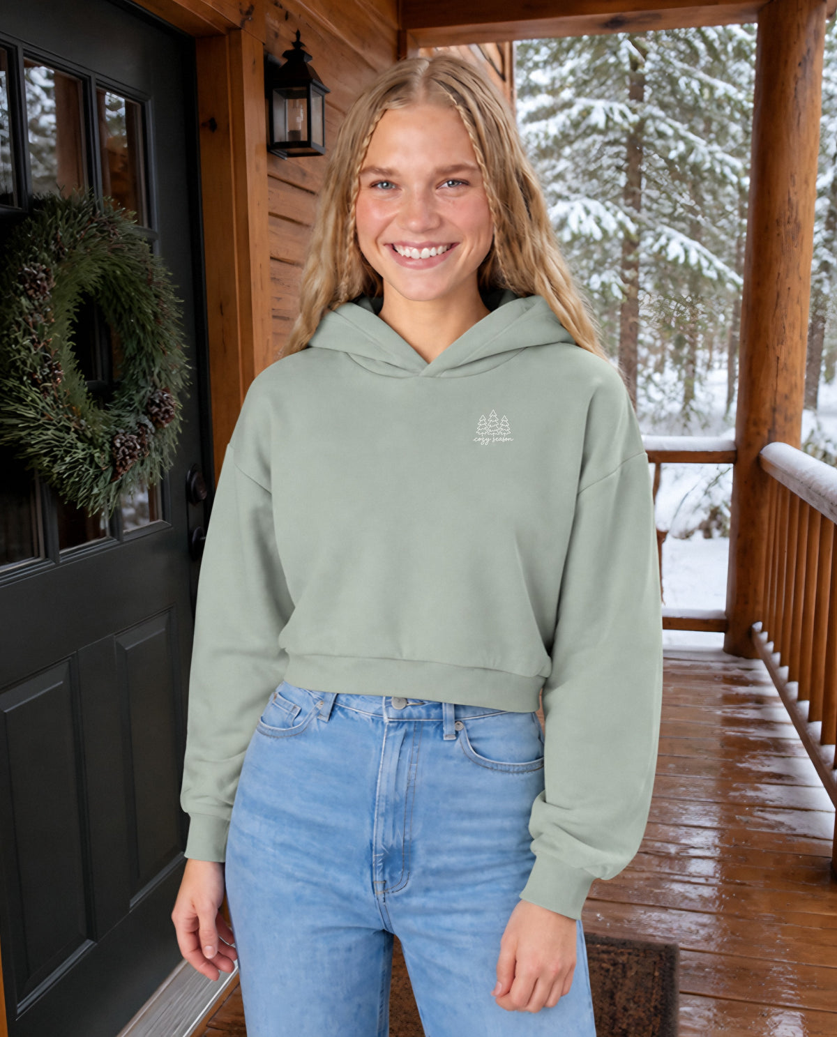 Cozy Season minimalist crop hoodie for women in Matcha, worn by model, lifestyle photo