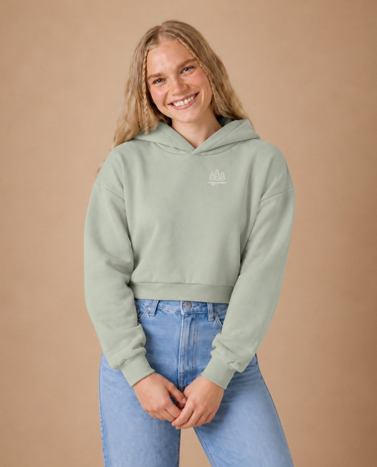 Cozy Season minimalist crop hoodie for women in Matcha, worn by model, studio photo