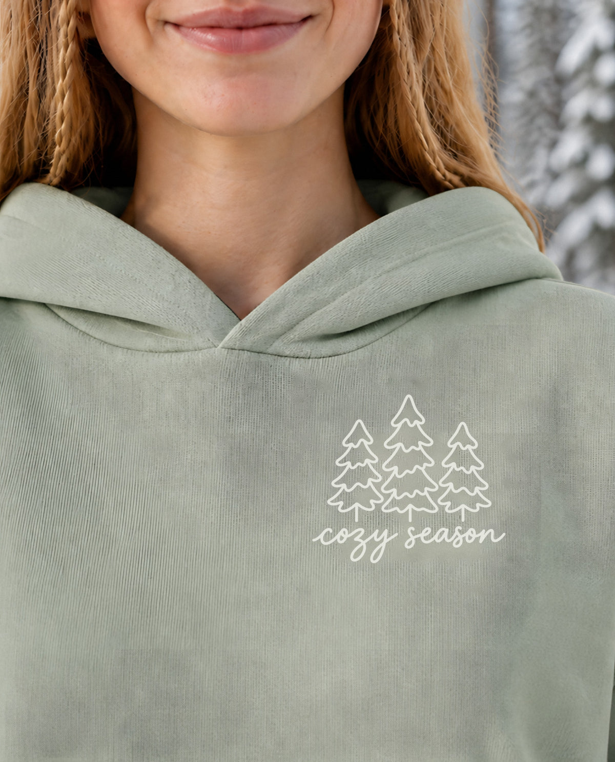 Cozy Season minimalist crop hoodie for women in Matcha, print close-up