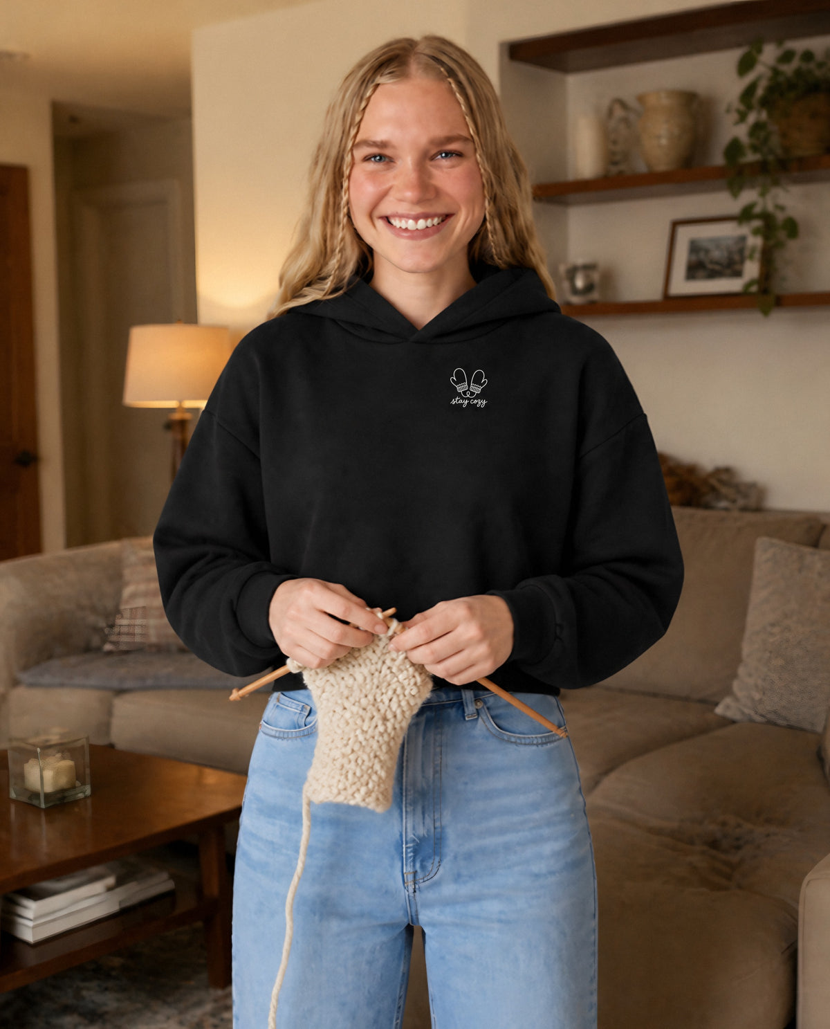 Stay Cozy minimalist crop hoodie for women in Black, worn by model, lifestyle photo