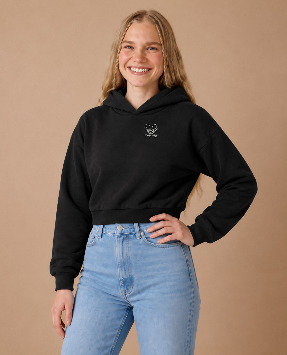 Stay Cozy minimalist crop hoodie for women in Black, worn by model, studio photo