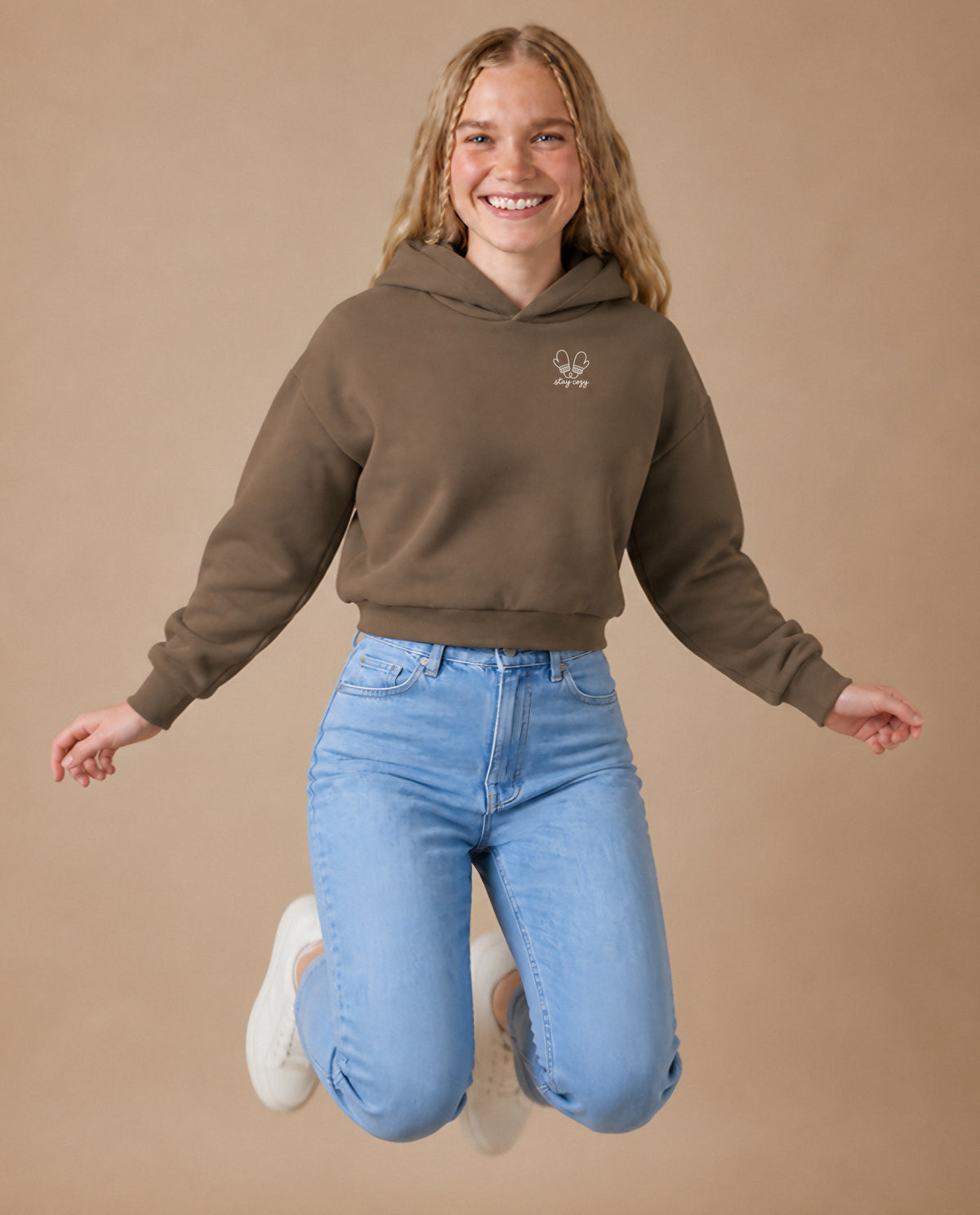 Stay Cozy minimalist crop hoodie for women in Coffee, worn by model, studio photo
