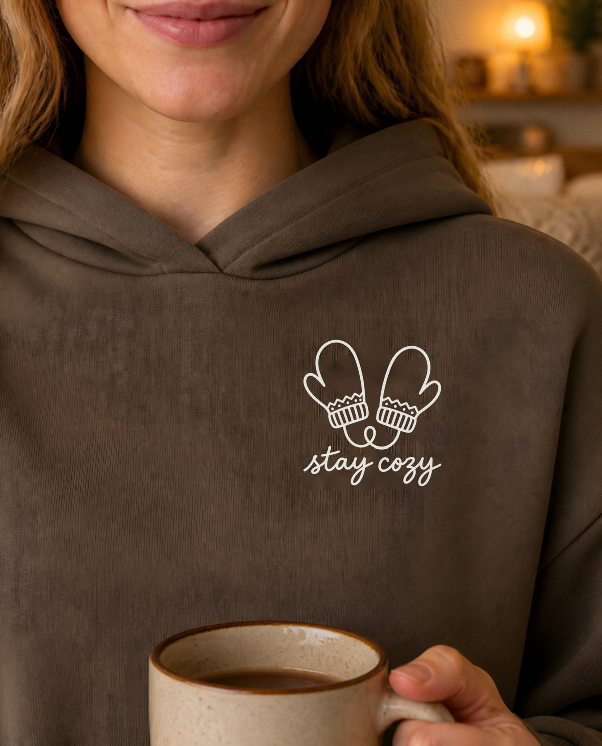 Stay Cozy minimalist crop hoodie for women in Coffee, print close-up
