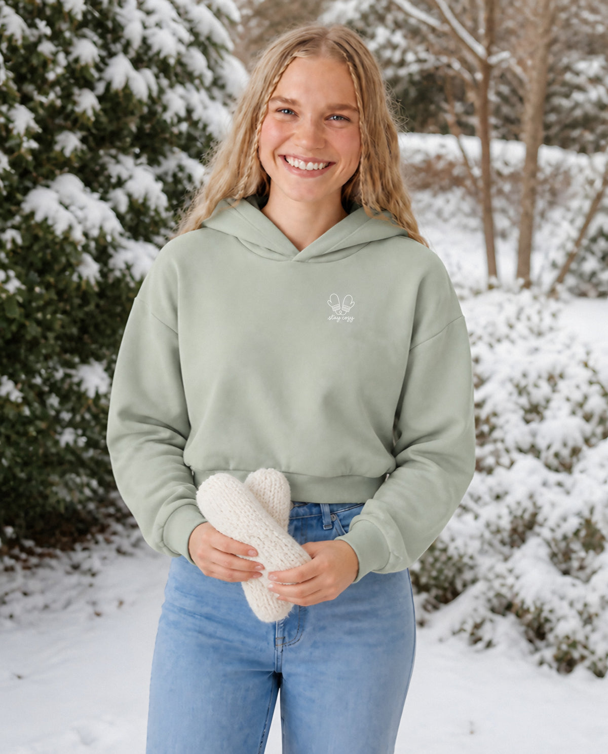 Stay Cozy minimalist crop hoodie for women in Matcha, worn by model, lifestyle photo