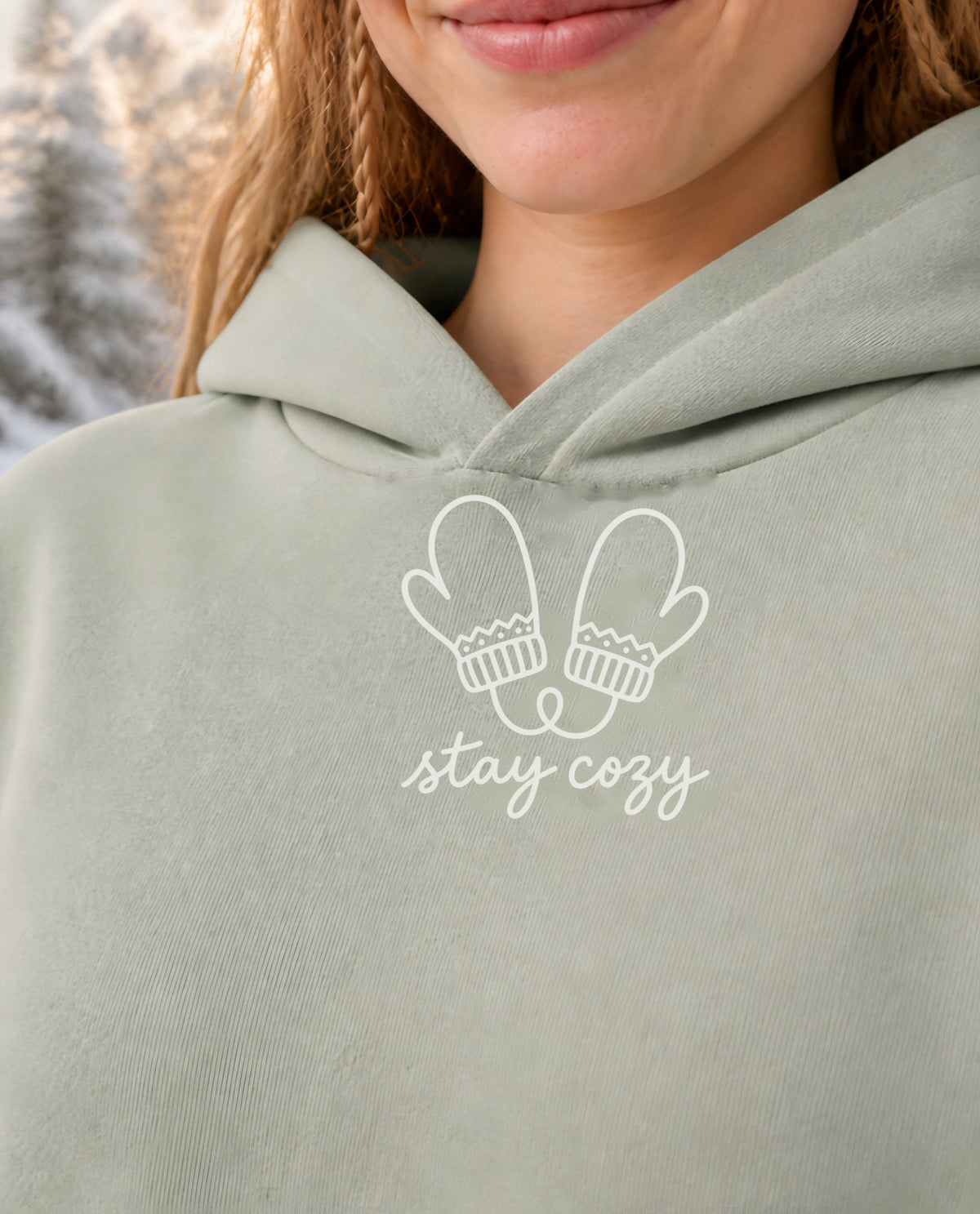 Stay Cozy minimalist crop hoodie for women in Matcha, print close-up