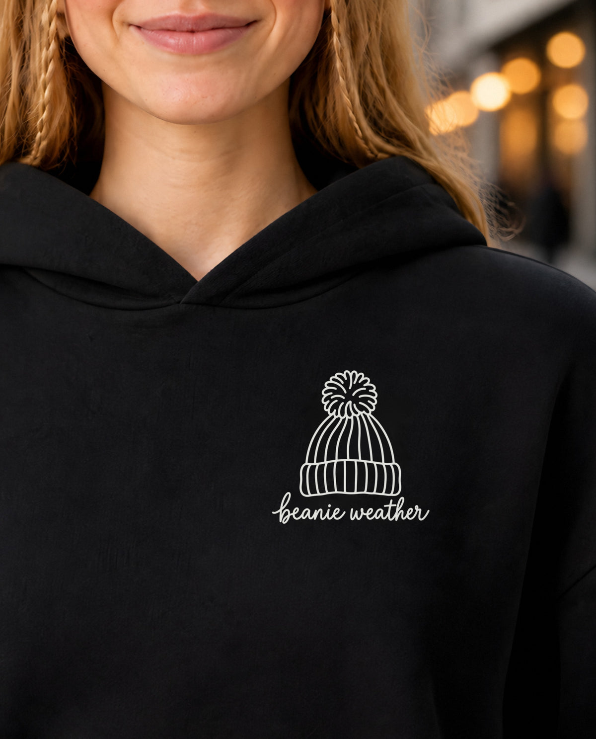 Beanie Weather minimalist crop hoodie for women in Black, print close-up