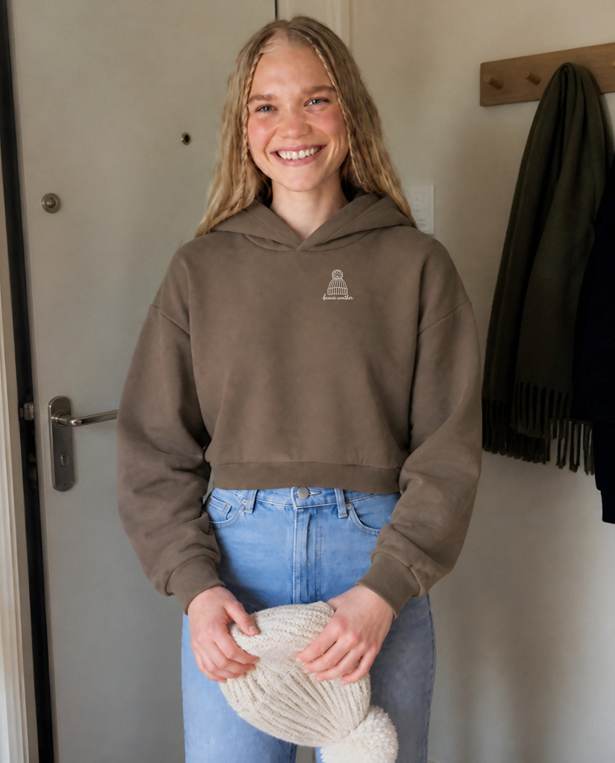 Beanie Weather minimalist crop hoodie for women in Coffee, worn by model, lifestyle photo