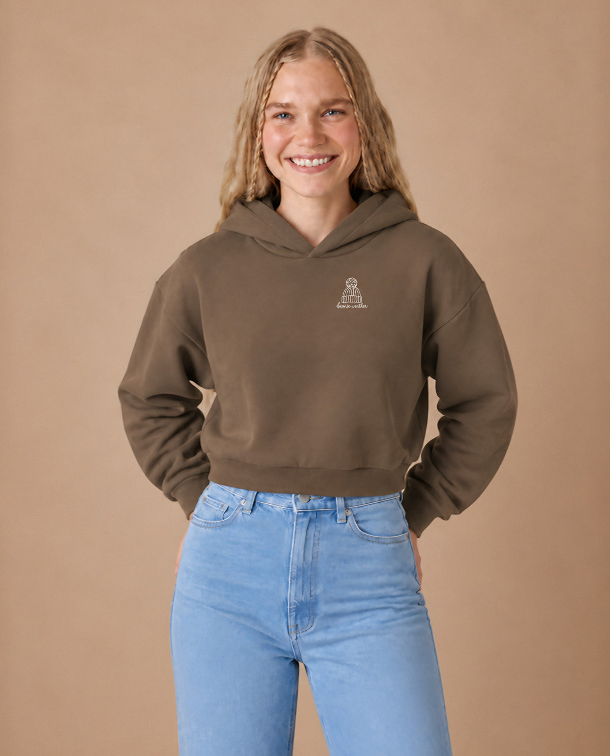 Beanie Weather minimalist crop hoodie for women in Coffee, worn by model, studio photo