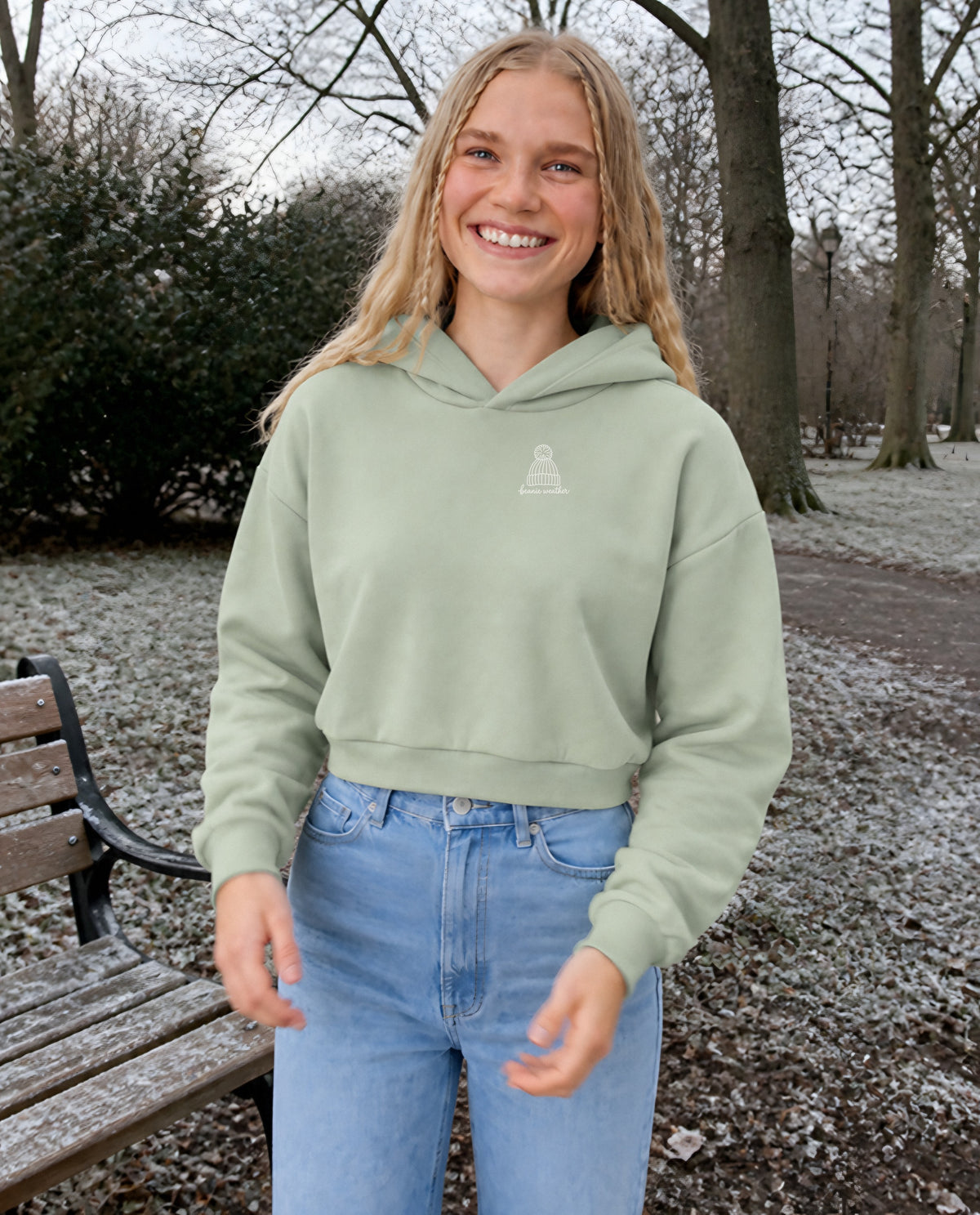 Beanie Weather minimalist crop hoodie for women in Matcha, worn by model, lifestyle photo