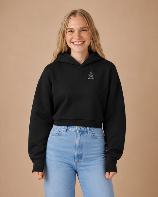 Chill Vibes minimalist crop hoodie for women in Black, worn by model, studio photo