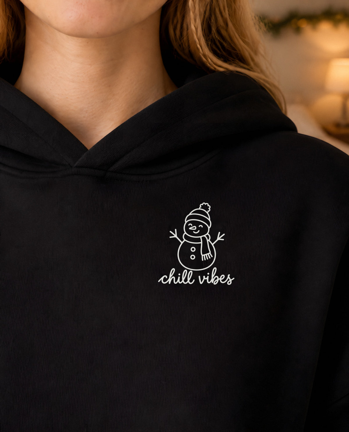 Chill Vibes minimalist crop hoodie for women in Black, print close-up