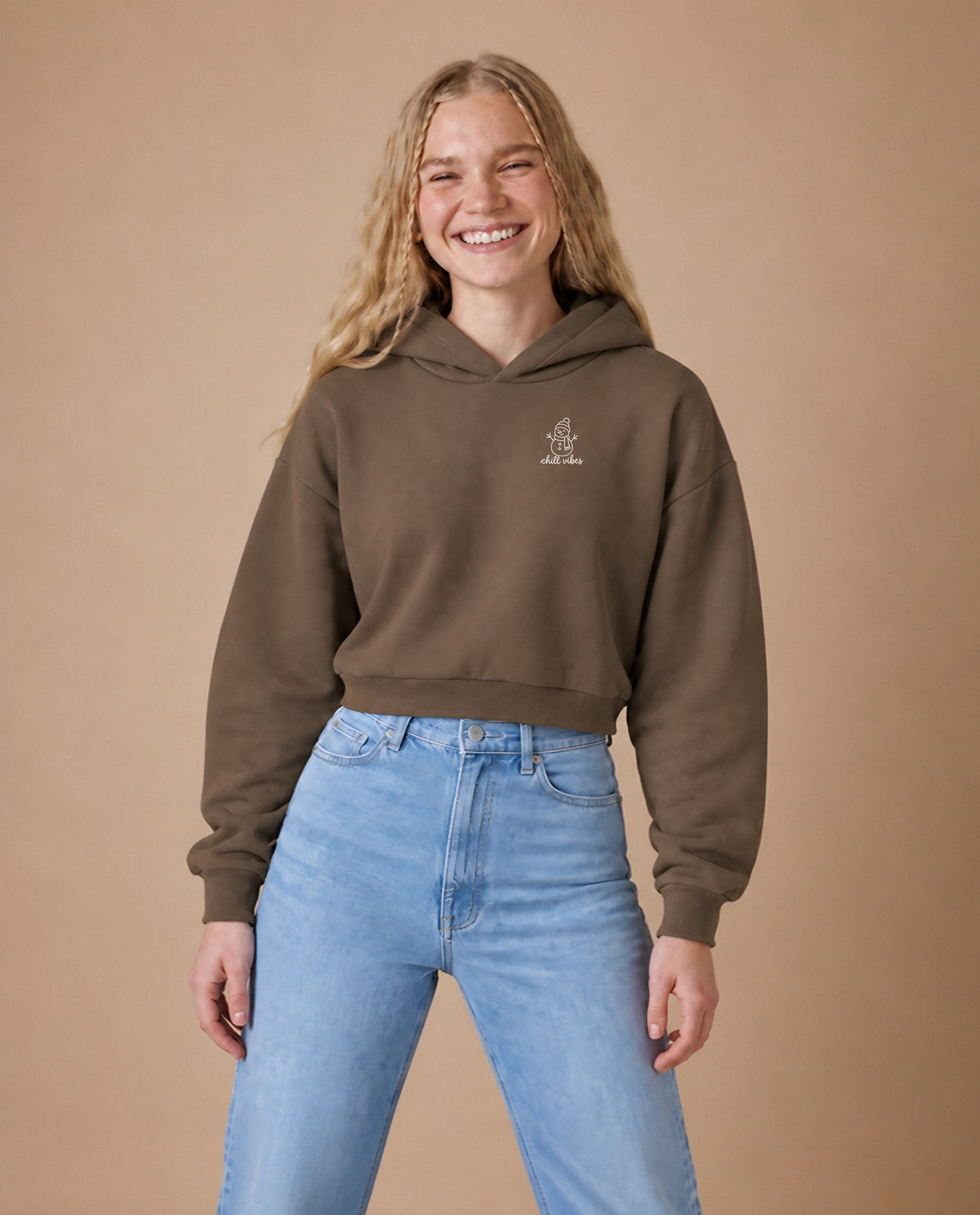 Chill Vibes minimalist crop hoodie for women in Coffee, worn by model, studio photo