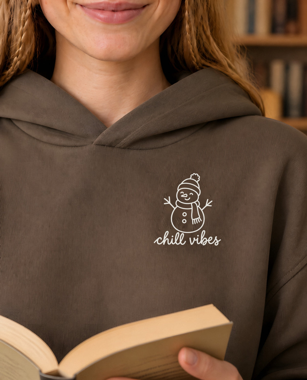 Chill Vibes minimalist crop hoodie for women in Coffee, print close-up