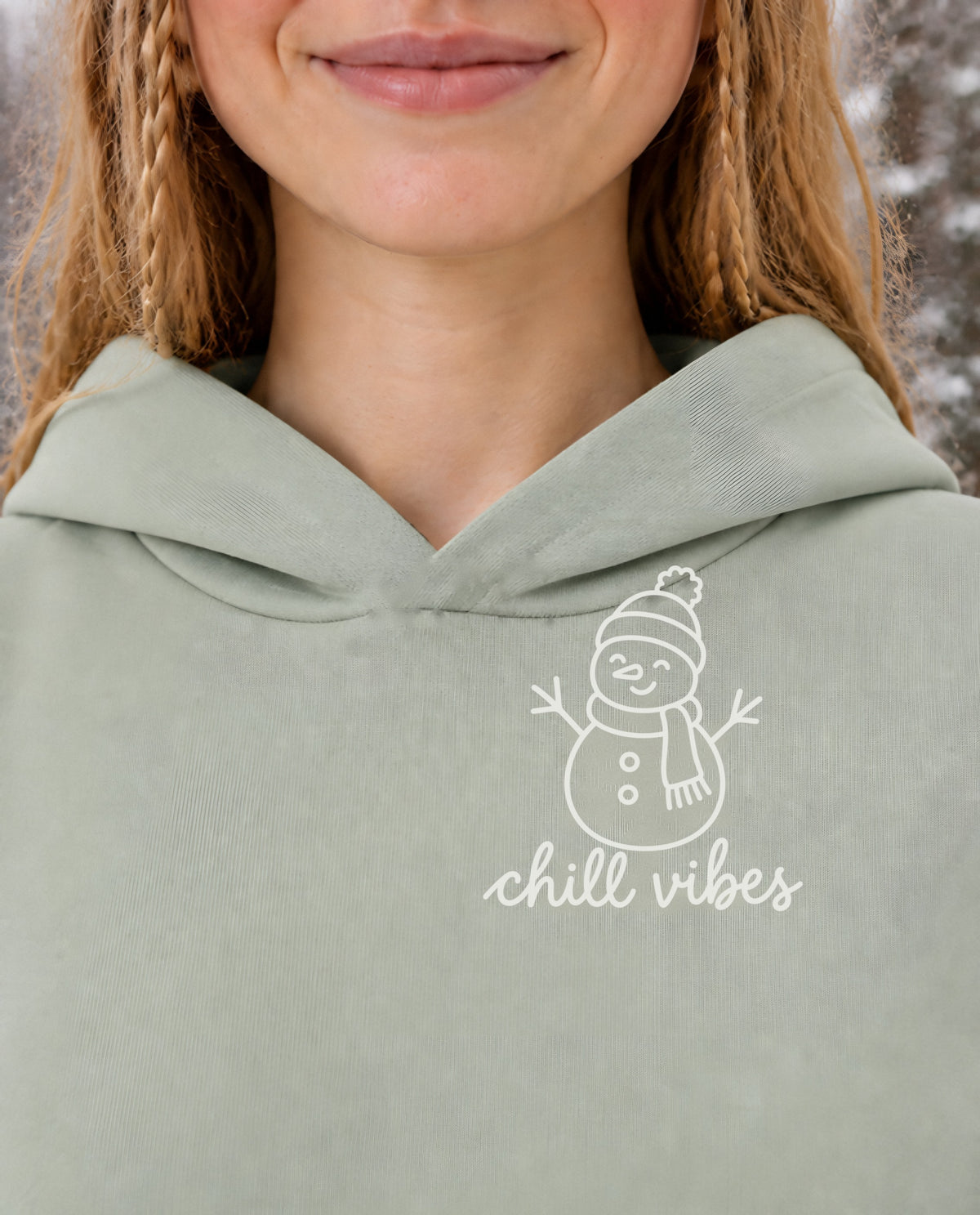 Chill Vibes minimalist crop hoodie for women in Matcha, print close-up