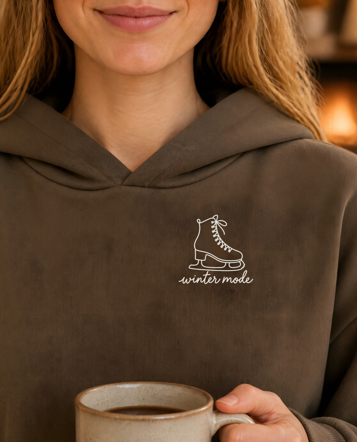 Winter Mode minimalist crop hoodie for women in Coffee, print close-up