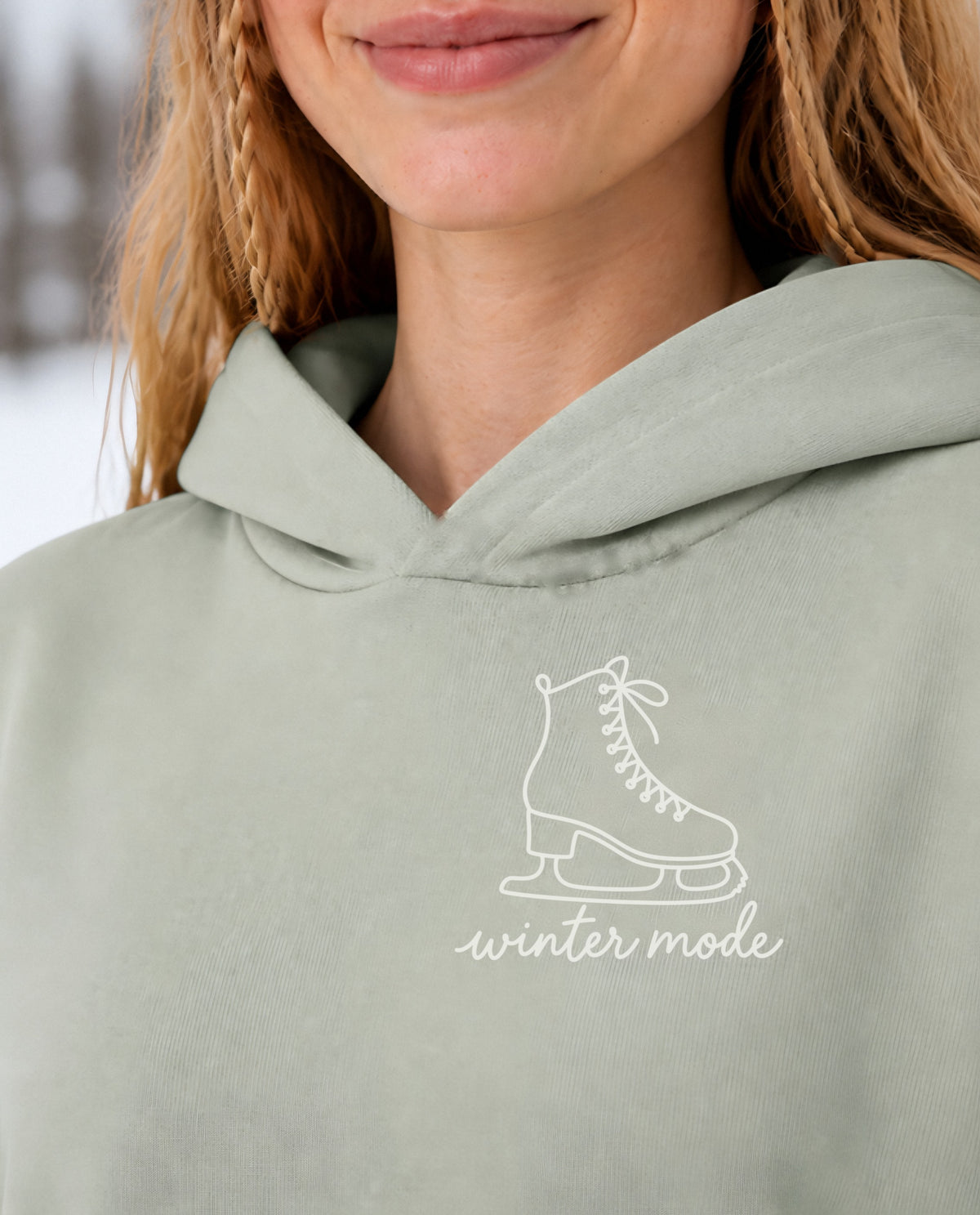 Winter Mode minimalist crop hoodie for women in Matcha, print close-up